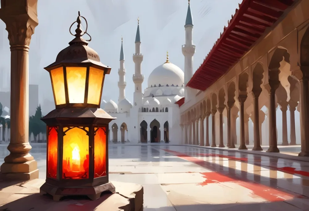 Digital Painting A Lantern On A Stone Surface A Mosque In The Background The Lantern Is White With Red And Yellow Glass The Mosque Is White And Blurred Bold And Slim Lines Brush Strokes 6 0a4c