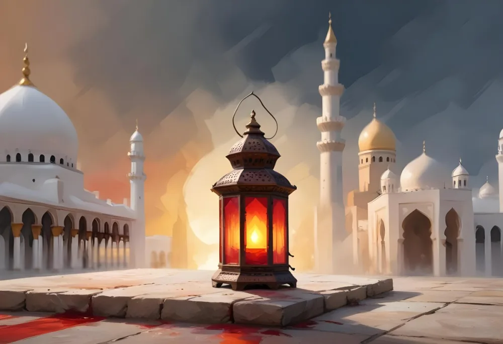 Digital Painting A Lantern On A Stone Surface A Mosque In The Background The Lantern Is White With Red And Yellow Glass The Mosque Is White And Blurred Bold And Slim Lines Brush Strokes 7 48e0