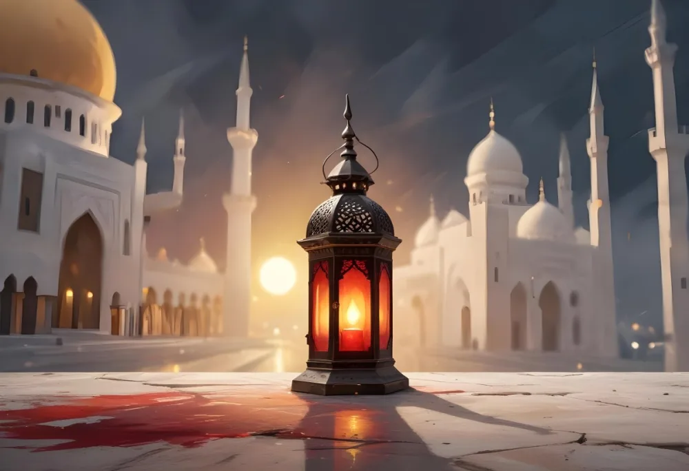 Digital Painting A Lantern On A Stone Surface A Mosque In The Background The Lantern Is White With Red And Yellow Glass The Mosque Is White And Blurred Bold And Slim Lines Brush Strokes 9 2b8b