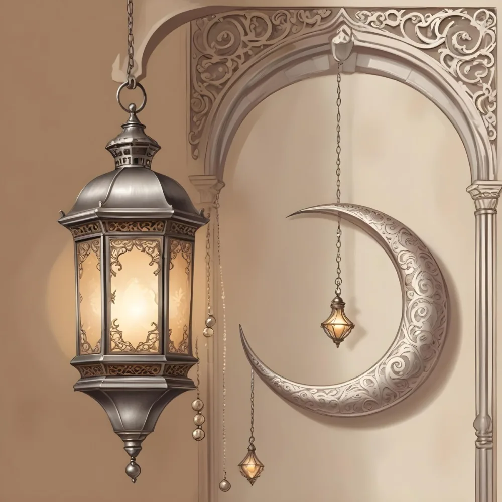 Digital Painting A Silver Lantern Hanging From A Chain A Crescent Moon On A Beige Wall An Archway With Intricate Designs Soft Lighting And A Warm Inviting Atmosphere Bold And Slim Lines Brush Strokes 12 C1c7