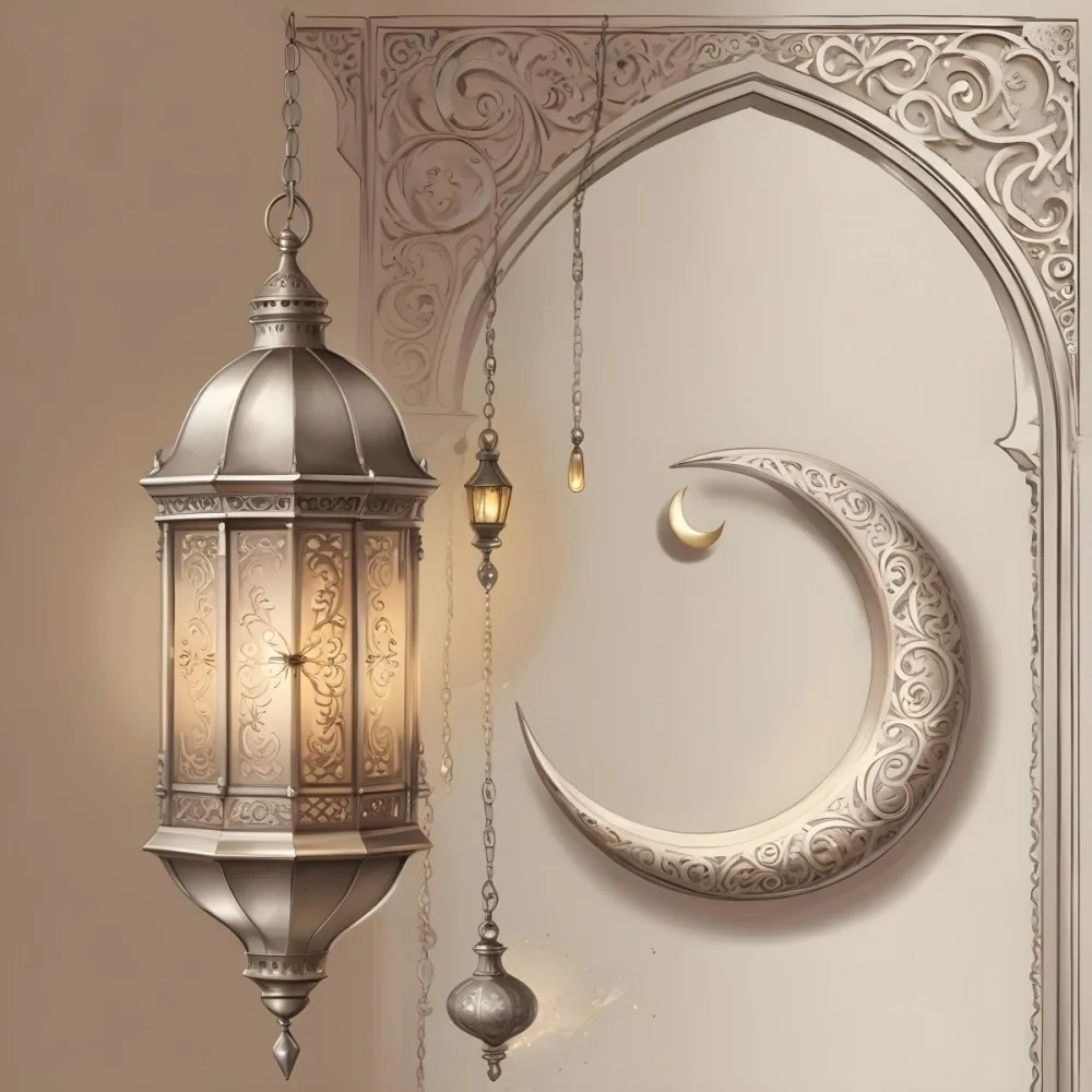 Digital Painting A Silver Lantern Hanging From A Chain A Crescent Moon On A Beige Wall An Archway With Intricate Designs Soft Lighting And A Warm Inviting Atmosphere Bold And Slim Lines Brush Strokes 16 Ff91
