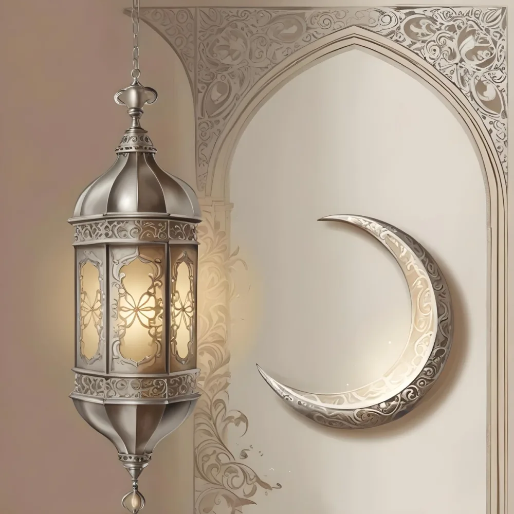 Digital Painting A Silver Lantern Hanging From A Chain A Crescent Moon On A Beige Wall An Archway With Intricate Designs Soft Lighting And A Warm Inviting Atmosphere Bold And Slim Lines Brush Strokes 2 059c