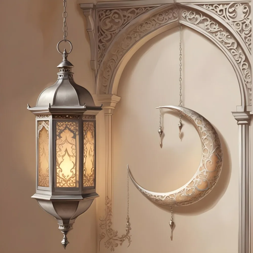 Digital Painting A Silver Lantern Hanging From A Chain A Crescent Moon On A Beige Wall An Archway With Intricate Designs Soft Lighting And A Warm Inviting Atmosphere Bold And Slim Lines Brush Strokes 22 7350