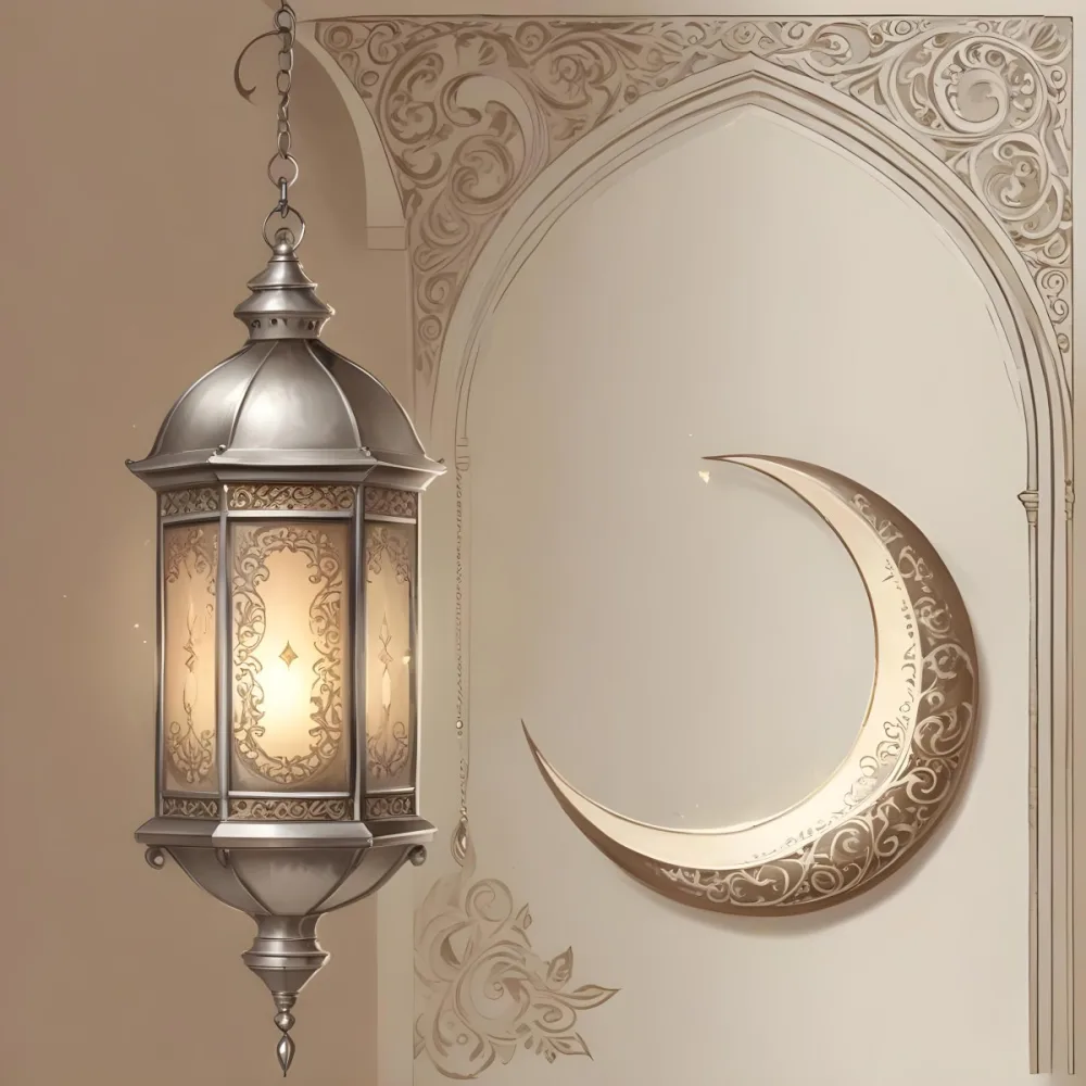Digital Painting A Silver Lantern Hanging From A Chain A Crescent Moon On A Beige Wall An Archway With Intricate Designs Soft Lighting And A Warm Inviting Atmosphere Bold And Slim Lines Brush Strokes 23 18b3