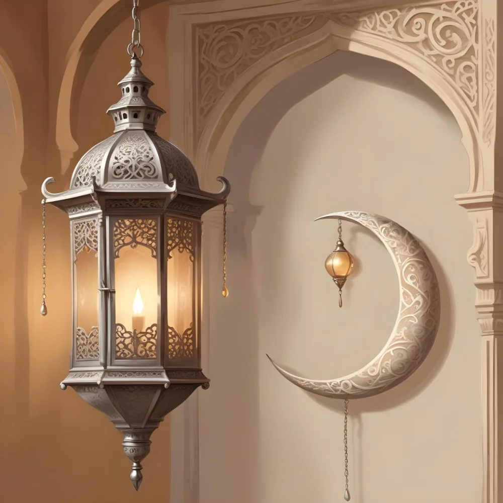 Digital Painting A Silver Lantern Hanging From A Chain A Crescent Moon On A Beige Wall An Archway With Intricate Designs Soft Lighting And A Warm Inviting Atmosphere Bold And Slim Lines Brush Strokes 28 5a5e