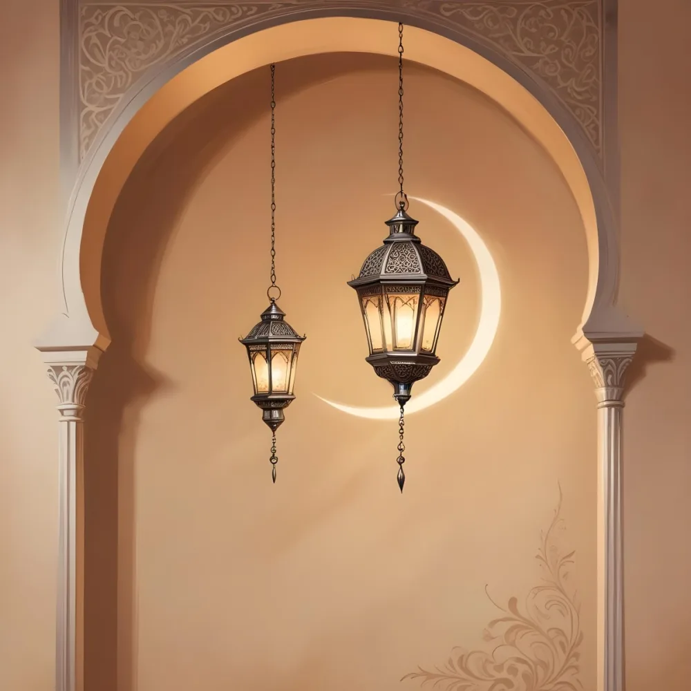 Digital Painting A Silver Lantern Hanging From A Chain A Crescent Moon On A Beige Wall An Archway With Intricate Designs Soft Lighting And A Warm Inviting Atmosphere Bold And Slim Lines Brush Strokes 3 A240