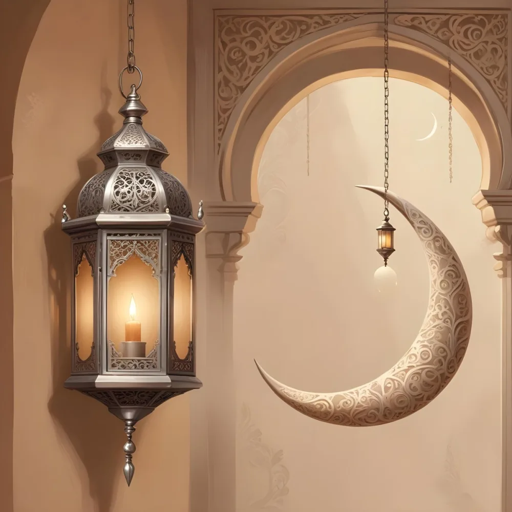 Digital Painting A Silver Lantern Hanging From A Chain A Crescent Moon On A Beige Wall An Archway With Intricate Designs Soft Lighting And A Warm Inviting Atmosphere Bold And Slim Lines Brush Strokes 30 762c