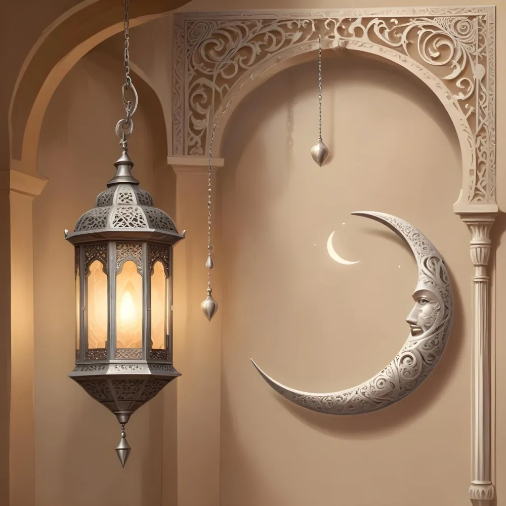 Digital Painting A Silver Lantern Hanging From A Chain A Crescent Moon On A Beige Wall An Archway With Intricate Designs Soft Lighting And A Warm Inviting Atmosphere Bold And Slim Lines Brush Strokes 32 E7ea