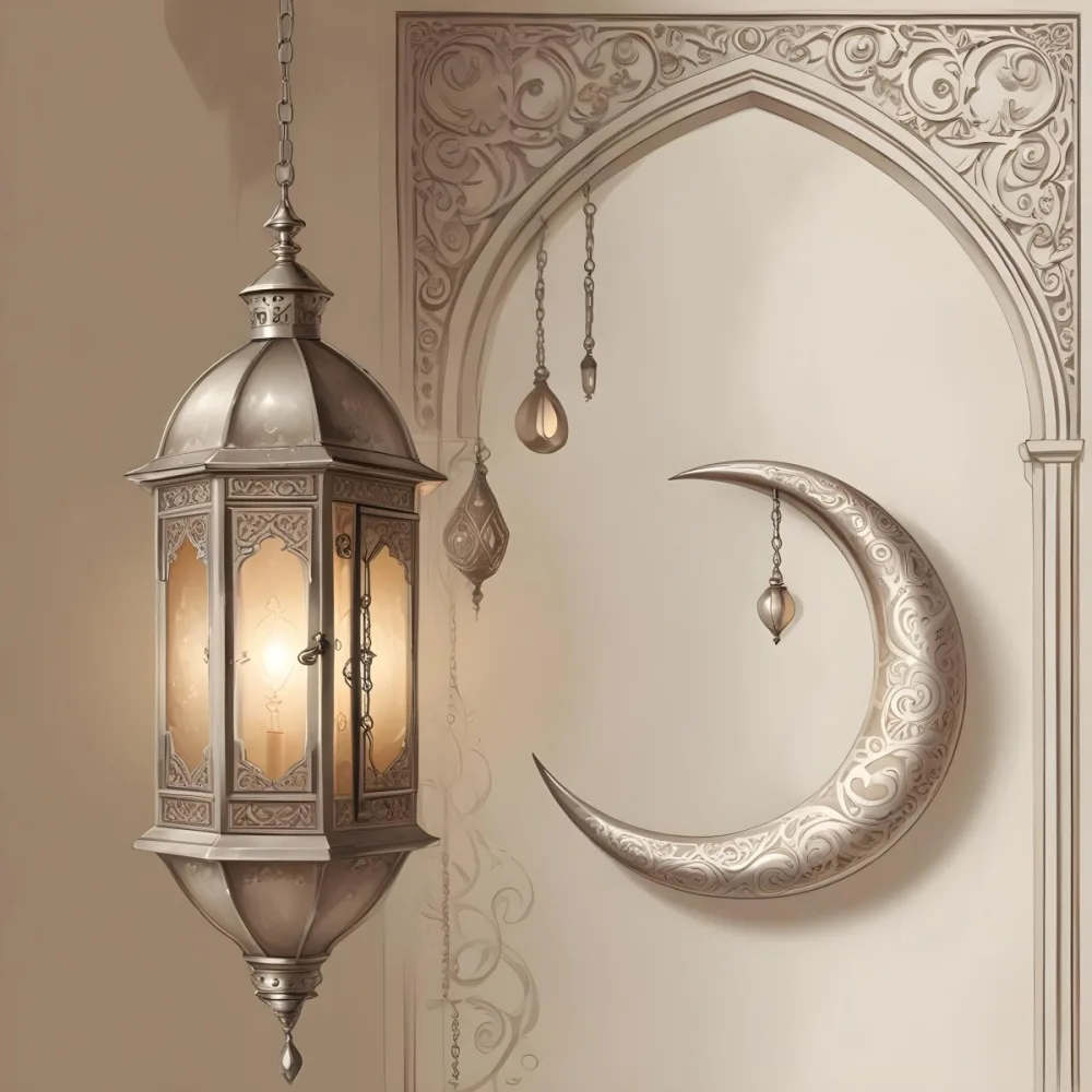 Digital Painting A Silver Lantern Hanging From A Chain A Crescent Moon On A Beige Wall An Archway With Intricate Designs Soft Lighting And A Warm Inviting Atmosphere Bold And Slim Lines Brush Strokes 33 4042