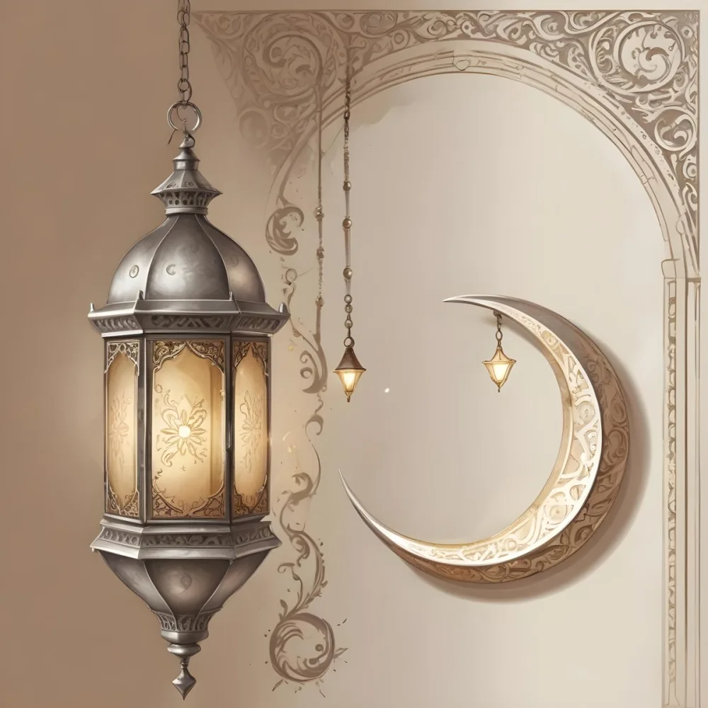 Digital Painting A Silver Lantern Hanging From A Chain A Crescent Moon On A Beige Wall An Archway With Intricate Designs Soft Lighting And A Warm Inviting Atmosphere Bold And Slim Lines Brush Strokes 4 877e