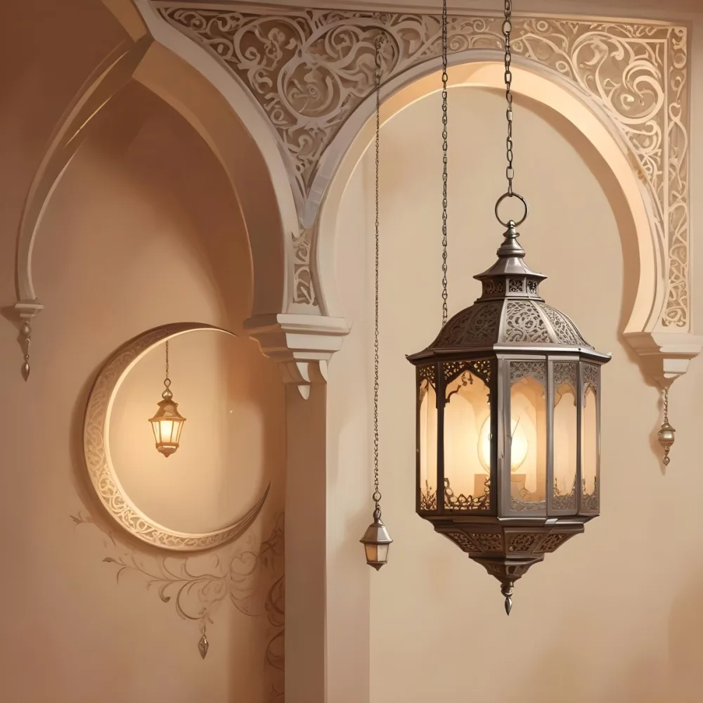 Digital Painting A Silver Lantern Hanging From A Chain A Crescent Moon On A Beige Wall An Archway With Intricate Designs Soft Lighting And A Warm Inviting Atmosphere Bold And Slim Lines Brush Strokes 5 2100