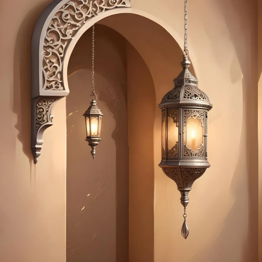 Digital Painting A Silver Lantern Hanging From A Chain A Crescent Moon On A Beige Wall An Archway With Intricate Designs Soft Lighting And A Warm Inviting Atmosphere Bold And Slim Lines Brush Strokes 7 Be37