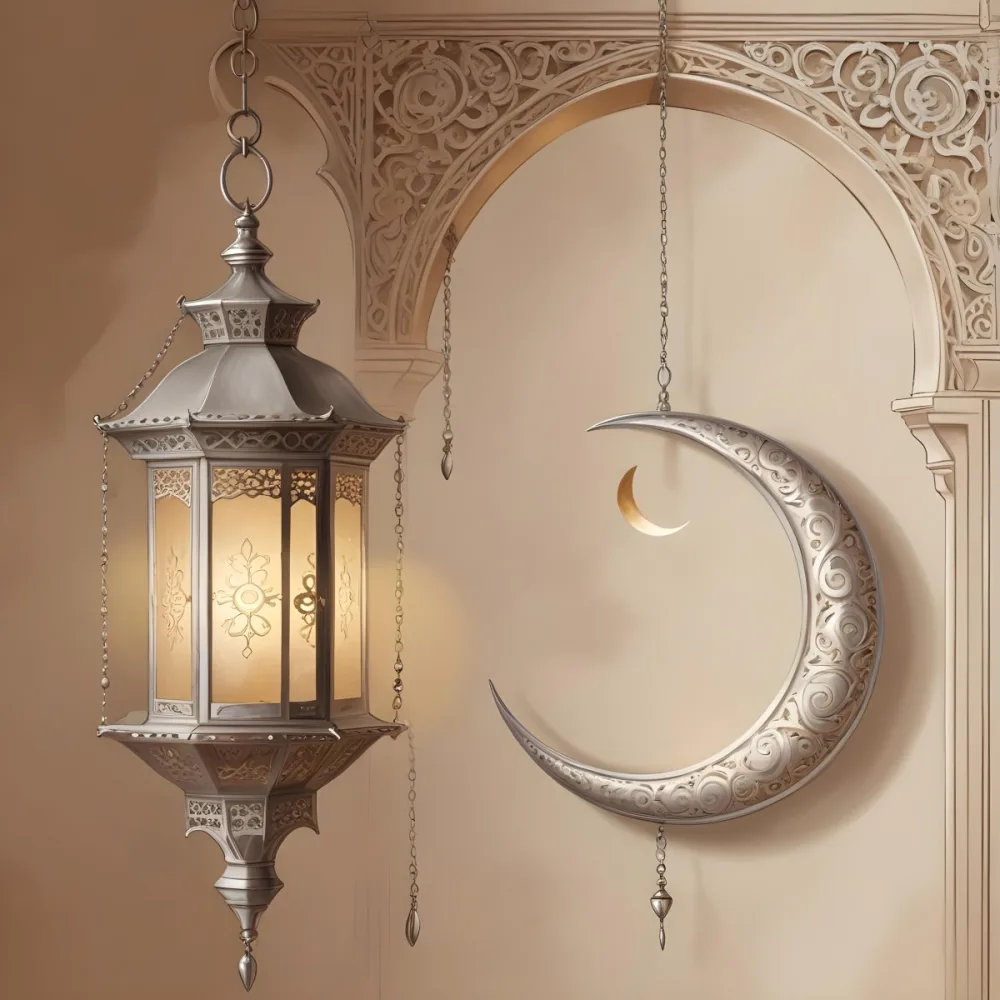Digital Painting A Silver Lantern Hanging From A Chain A Crescent Moon On A Beige Wall An Archway With Intricate Designs Soft Lighting And A Warm Inviting Atmosphere Bold And Slim Lines Brush Strokes 8 99d7