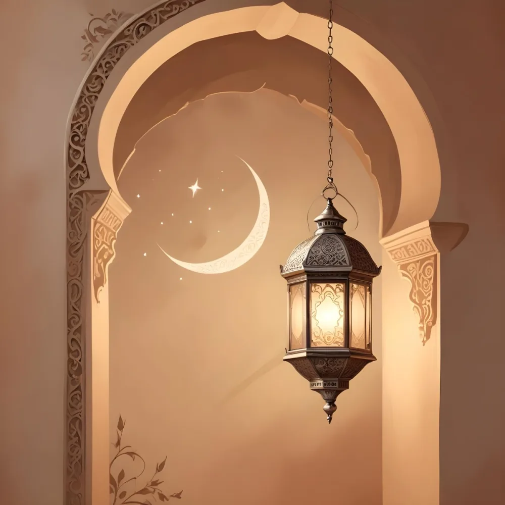 Digital Painting A Silver Lantern Hanging From A Chain A Crescent Moon On A Beige Wall An Archway With Intricate Designs Soft Lighting And A Warm Inviting Atmosphere Bold And Slim Lines Brush Strokes 9 9393