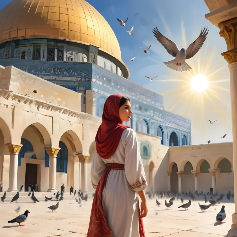 Digital Painting A Young Middle Eastern Girl Wearing Traditional Clothing Standing In Front Of The Dome Of The Rock In Jerusalem With Pigeons Flying Around Her And The Sun Shining In The Background Bold And Slim Lines 13 E506