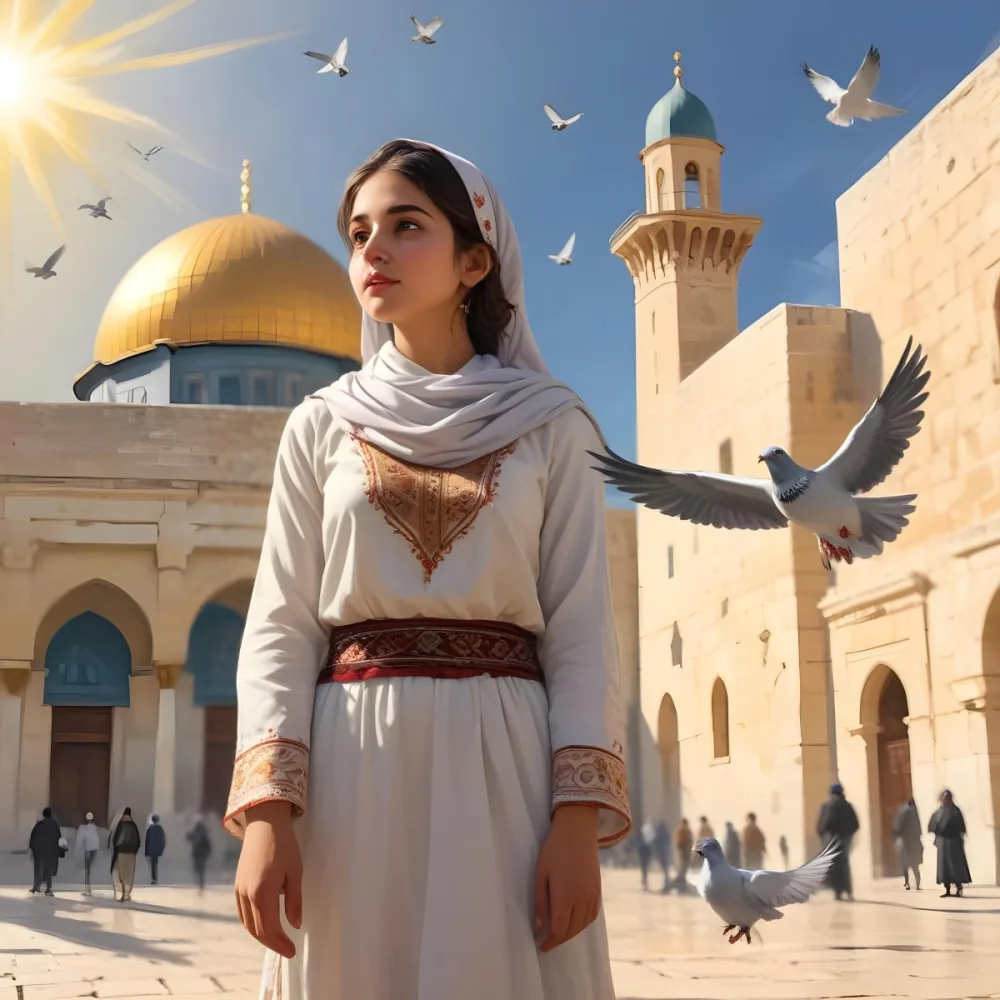 Digital Painting A Young Middle Eastern Girl Wearing Traditional Clothing Standing In Front Of The Dome Of The Rock In Jerusalem With Pigeons Flying Around Her And The Sun Shining In The Background Bold And Slim Lines 14 13ac