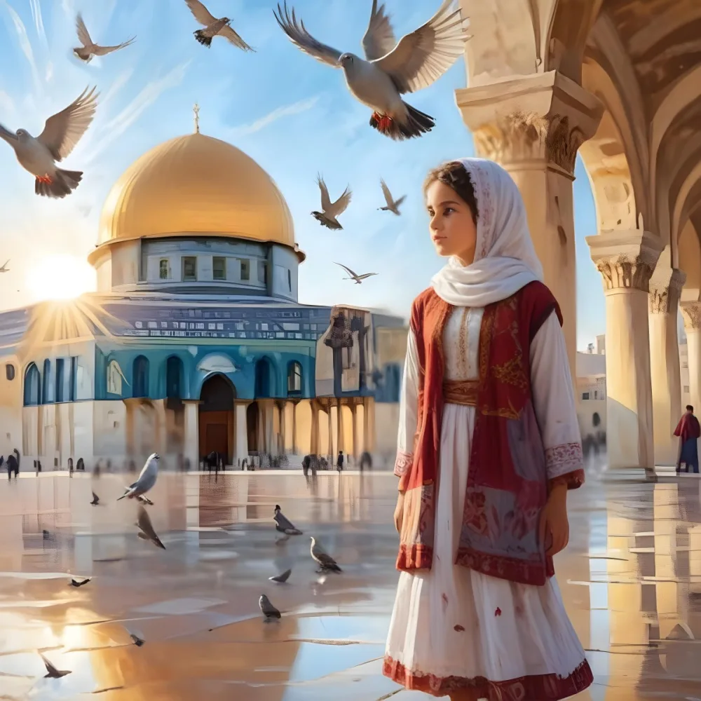 Digital Painting A Young Middle Eastern Girl Wearing Traditional Clothing Standing In Front Of The Dome Of The Rock In Jerusalem With Pigeons Flying Around Her And The Sun Shining In The Background Bold And Slim Lines 3 9f17
