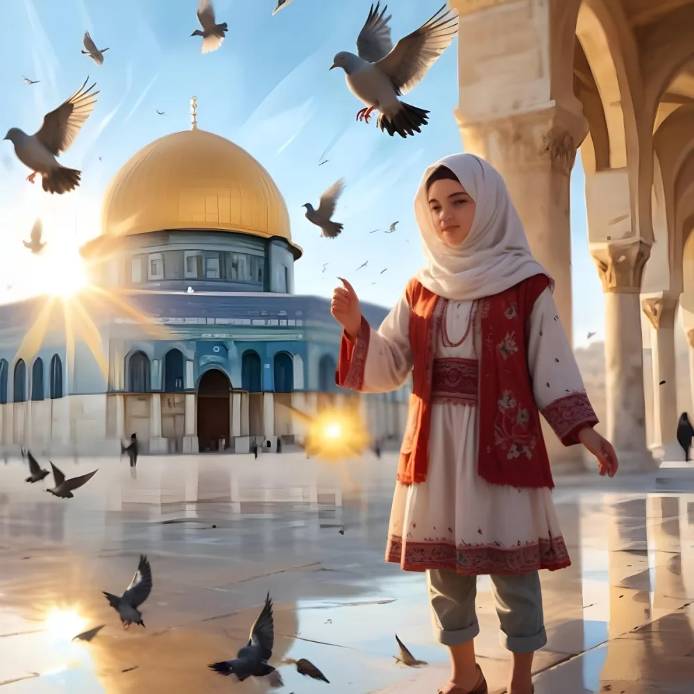 Digital Painting A Young Middle Eastern Girl Wearing Traditional Clothing Standing In Front Of The Dome Of The Rock In Jerusalem With Pigeons Flying Around Her And The Sun Shining In The Background Bold And Slim Lines 6 D6b0