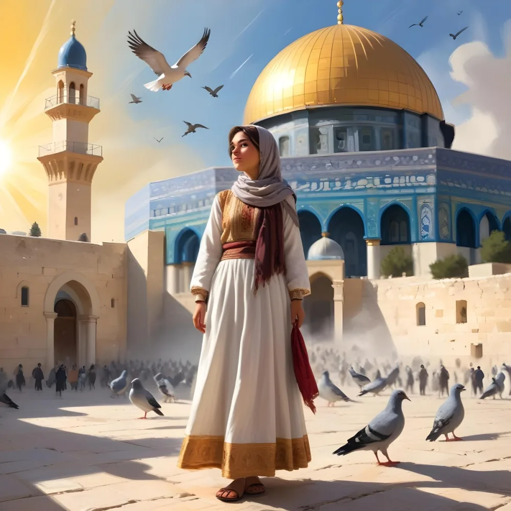 Digital Painting A Young Middle Eastern Girl Wearing Traditional Clothing Standing In Front Of The Dome Of The Rock In Jerusalem With Pigeons Flying Around Her And The Sun Shining In The Background Bold And Slim Lines 7 2c60