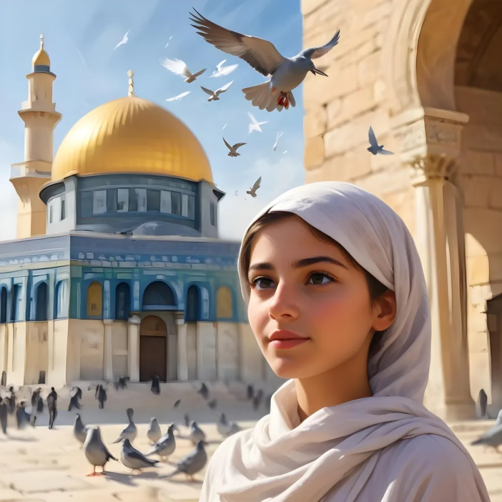 Digital Painting A Young Middle Eastern Girl Wearing Traditional Clothing Standing In Front Of The Dome Of The Rock In Jerusalem With Pigeons Flying Around Her And The Sun Shining In The Background Bold And Slim Lines 8 3584
