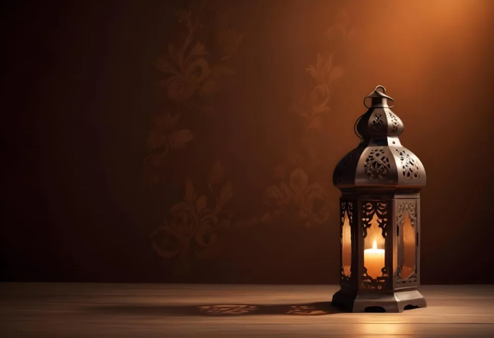 Digital Painting An Ornate Metal Lantern With A Candle Inside Casting Patterned Light On A Dark Brown Wall On A Wooden Surface Warm Ambient Lighting Bold And Slim Lines Brush Strokes 10 21dc
