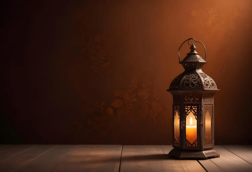 Digital Painting An Ornate Metal Lantern With A Candle Inside Casting Patterned Light On A Dark Brown Wall On A Wooden Surface Warm Ambient Lighting Bold And Slim Lines Brush Strokes 15 D560