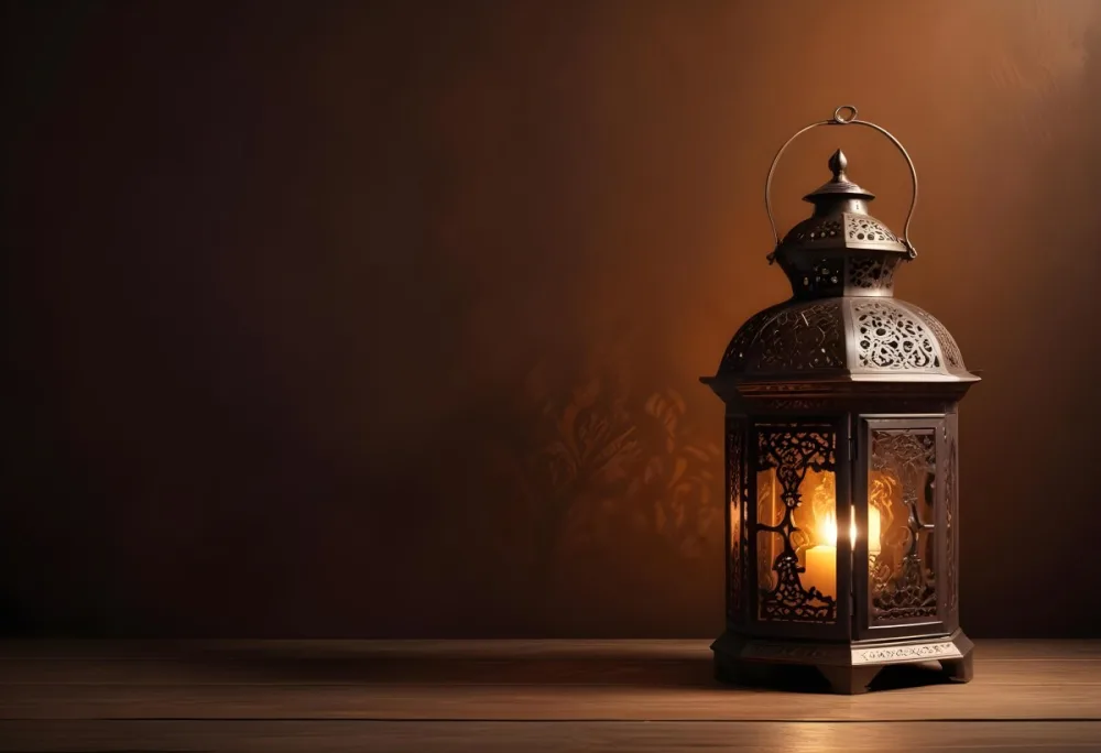 Digital Painting An Ornate Metal Lantern With A Candle Inside Casting Patterned Light On A Dark Brown Wall On A Wooden Surface Warm Ambient Lighting Bold And Slim Lines Brush Strokes 16 C6d2