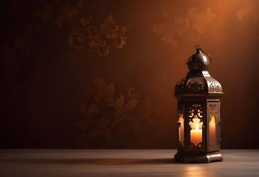 Digital Painting An Ornate Metal Lantern With A Candle Inside Casting Patterned Light On A Dark Brown Wall On A Wooden Surface Warm Ambient Lighting Bold And Slim Lines Brush Strokes 23 9c5d