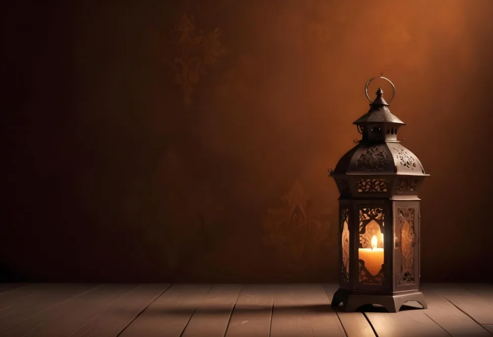 Digital Painting An Ornate Metal Lantern With A Candle Inside Casting Patterned Light On A Dark Brown Wall On A Wooden Surface Warm Ambient Lighting Bold And Slim Lines Brush Strokes 28 4925