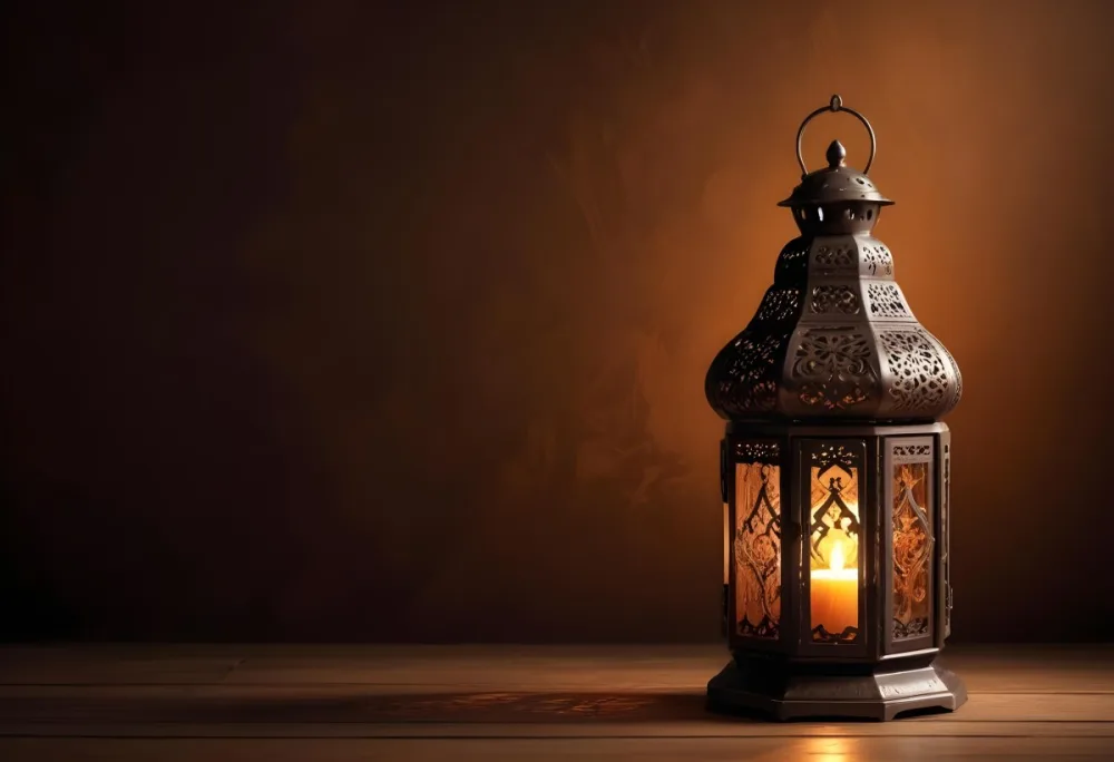 Digital Painting An Ornate Metal Lantern With A Candle Inside Casting Patterned Light On A Dark Brown Wall On A Wooden Surface Warm Ambient Lighting Bold And Slim Lines Brush Strokes 3 2fa6