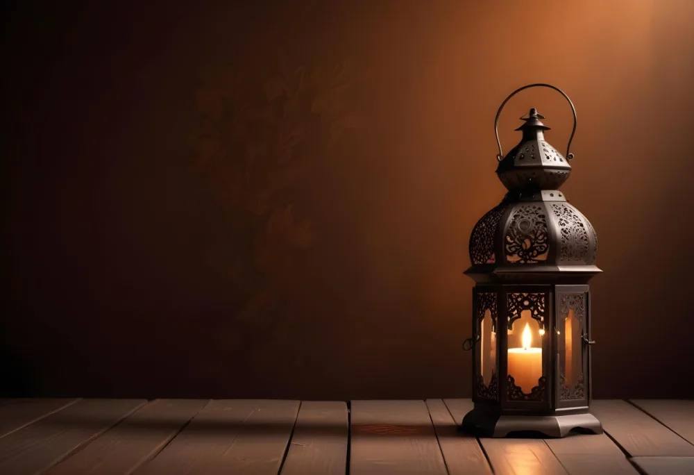 Digital Painting An Ornate Metal Lantern With A Candle Inside Casting Patterned Light On A Dark Brown Wall On A Wooden Surface Warm Ambient Lighting Bold And Slim Lines Brush Strokes 30 3210
