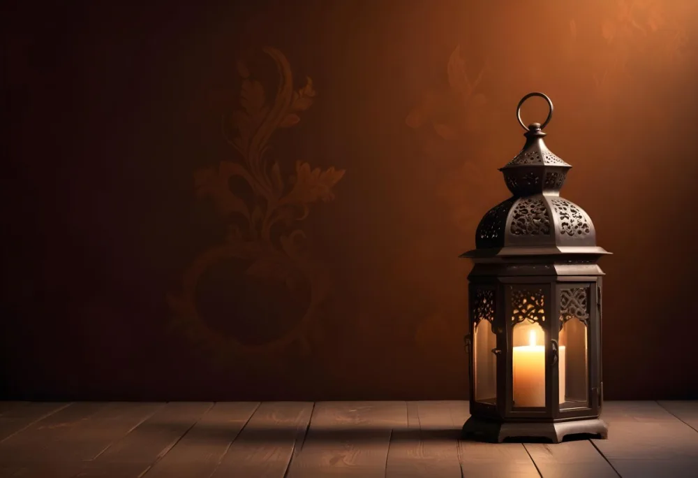 Digital Painting An Ornate Metal Lantern With A Candle Inside Casting Patterned Light On A Dark Brown Wall On A Wooden Surface Warm Ambient Lighting Bold And Slim Lines Brush Strokes 34 Cb54