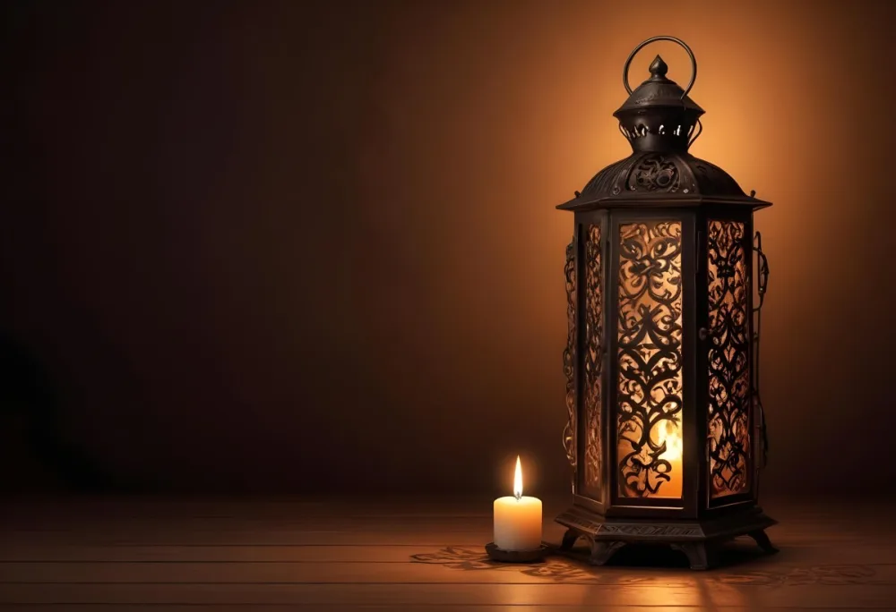 Digital Painting An Ornate Metal Lantern With A Candle Inside Casting Patterned Light On A Dark Brown Wall On A Wooden Surface Warm Ambient Lighting Bold And Slim Lines Brush Strokes 35 5b3a