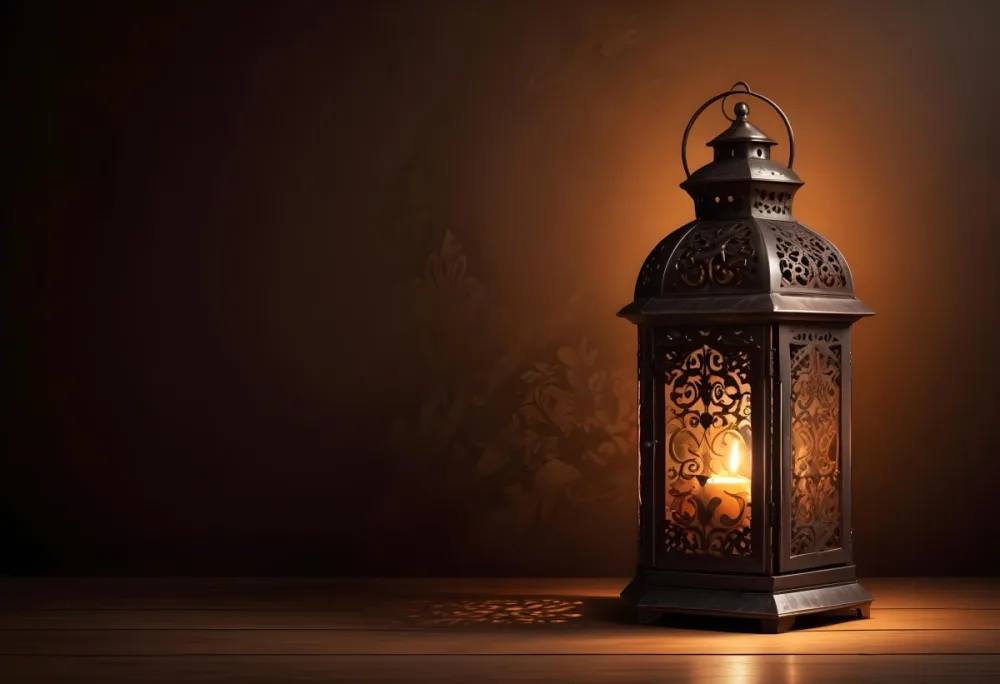 Digital Painting An Ornate Metal Lantern With A Candle Inside Casting Patterned Light On A Dark Brown Wall On A Wooden Surface Warm Ambient Lighting Bold And Slim Lines Brush Strokes 4 5c5d