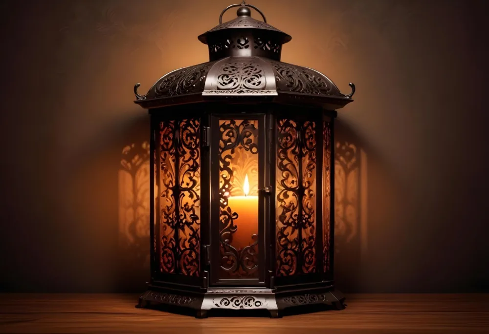Digital Painting An Ornate Metal Lantern With A Candle Inside Casting Patterned Light On A Dark Brown Wall On A Wooden Surface Warm Ambient Lighting Bold And Slim Lines Brush Strokes 6 Aead