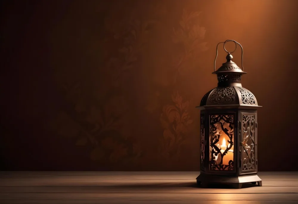 Digital Painting An Ornate Metal Lantern With A Candle Inside Casting Patterned Light On A Dark Brown Wall On A Wooden Surface Warm Ambient Lighting Bold And Slim Lines Brush Strokes 8 3a80