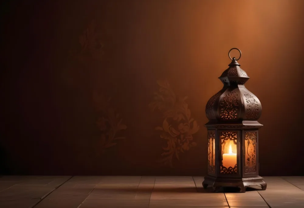 Digital Painting An Ornate Metal Lantern With A Candle Inside Casting Patterned Light On A Dark Brown Wall On A Wooden Surface Warm Ambient Lighting Bold And Slim Lines Brush Strokes 9 8ea2
