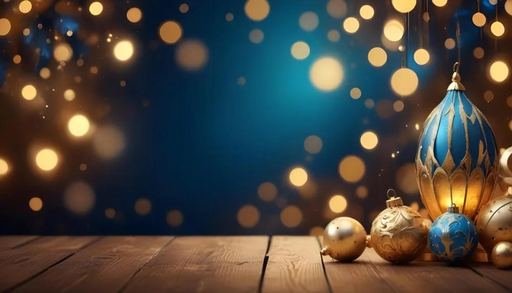 Digital Painting Golden Decorative Objects On A Wooden Surface With A Blurred Background Of Blue And Golden Bokeh Lights Creating A Festive And Elegant Atmosphere Bold And Slim Lines Brush Strokes 10 97d1