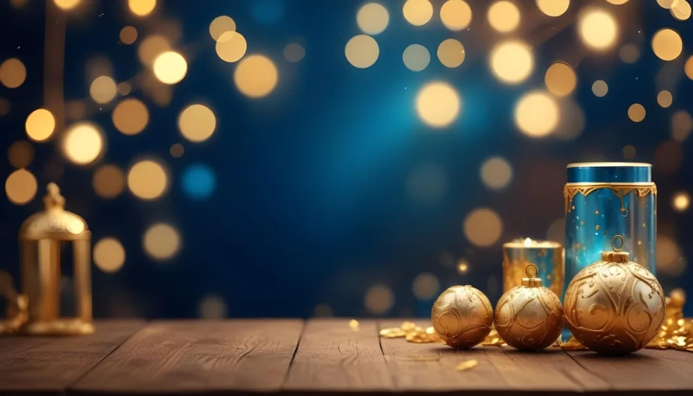 Digital Painting Golden Decorative Objects On A Wooden Surface With A Blurred Background Of Blue And Golden Bokeh Lights Creating A Festive And Elegant Atmosphere Bold And Slim Lines Brush Strokes 12 252f