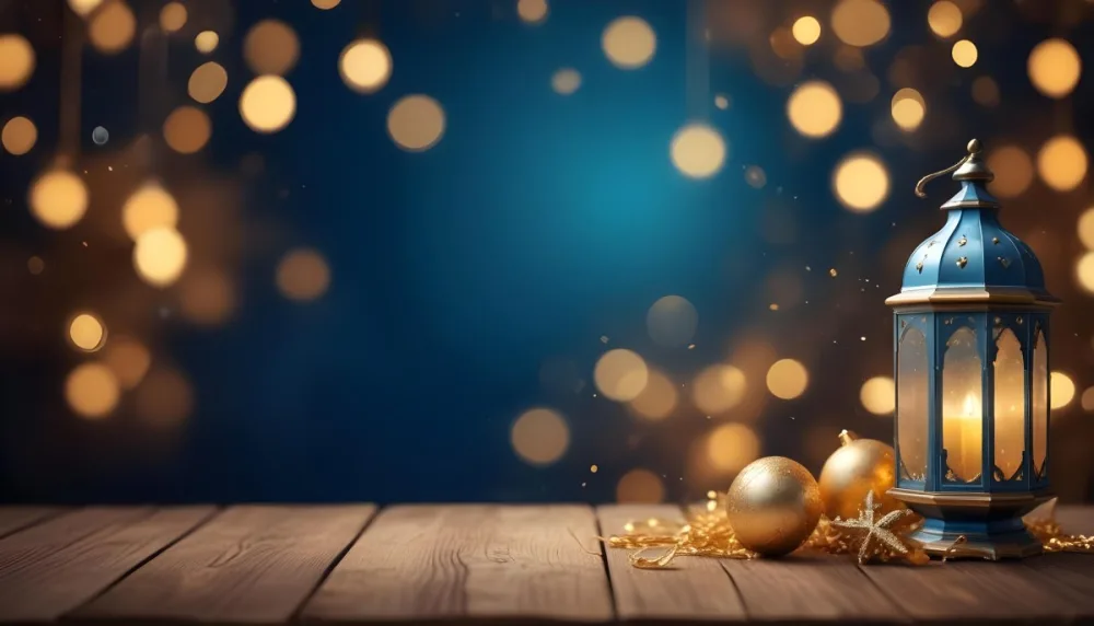 Digital Painting Golden Decorative Objects On A Wooden Surface With A Blurred Background Of Blue And Golden Bokeh Lights Creating A Festive And Elegant Atmosphere Bold And Slim Lines Brush Strokes 16 67cf