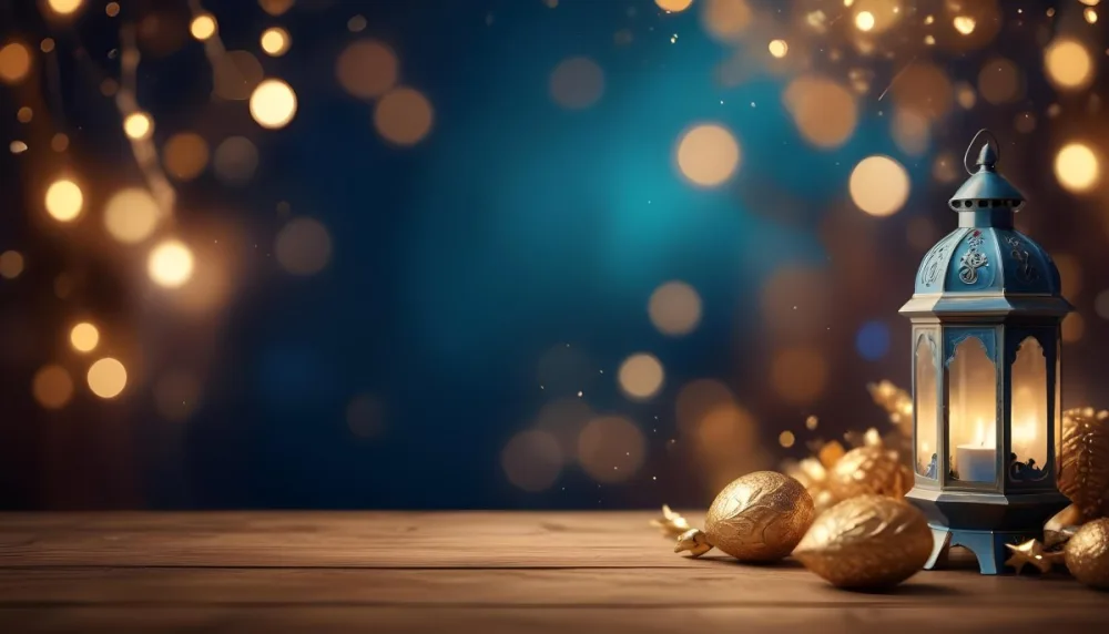 Digital Painting Golden Decorative Objects On A Wooden Surface With A Blurred Background Of Blue And Golden Bokeh Lights Creating A Festive And Elegant Atmosphere Bold And Slim Lines Brush Strokes 17 Ad6e