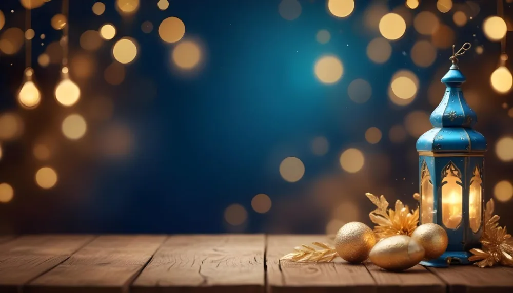 Digital Painting Golden Decorative Objects On A Wooden Surface With A Blurred Background Of Blue And Golden Bokeh Lights Creating A Festive And Elegant Atmosphere Bold And Slim Lines Brush Strokes 2 8f6e