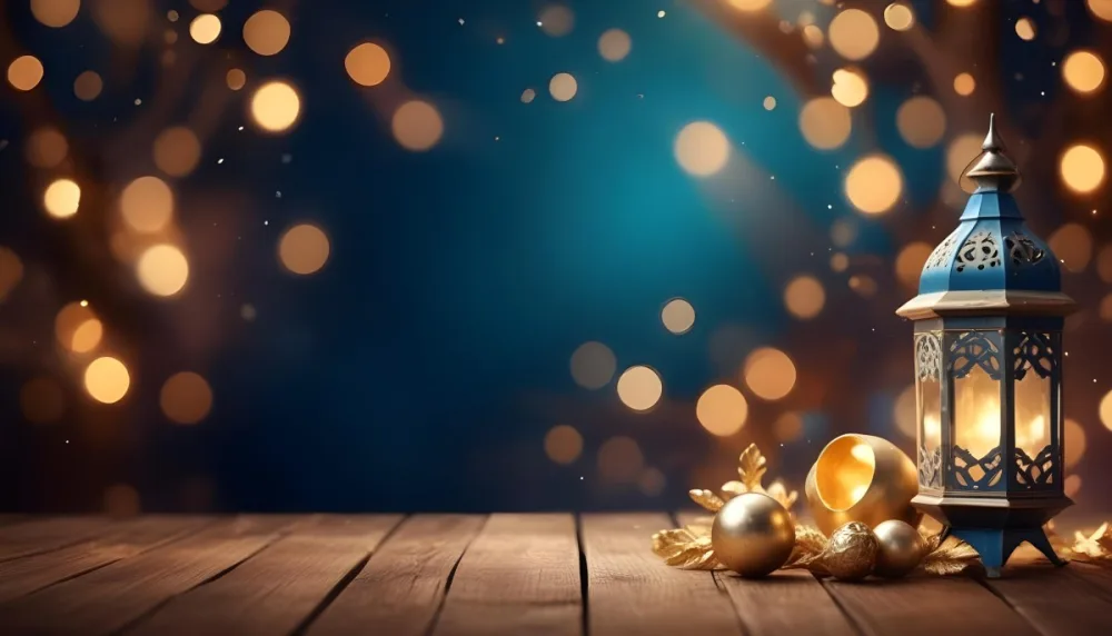 Digital Painting Golden Decorative Objects On A Wooden Surface With A Blurred Background Of Blue And Golden Bokeh Lights Creating A Festive And Elegant Atmosphere Bold And Slim Lines Brush Strokes 24 B53c