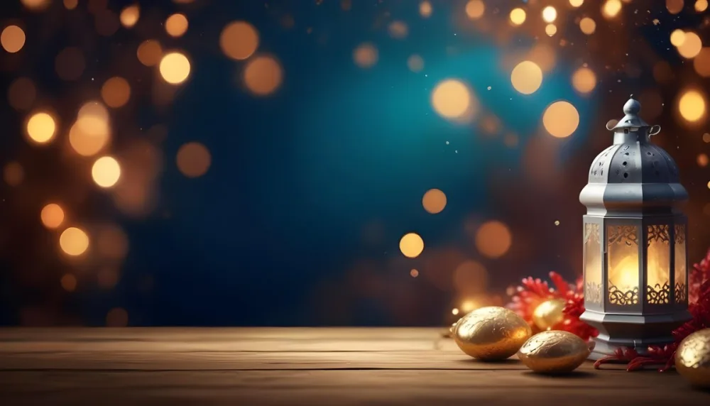 Digital Painting Golden Decorative Objects On A Wooden Surface With A Blurred Background Of Blue And Golden Bokeh Lights Creating A Festive And Elegant Atmosphere Bold And Slim Lines Brush Strokes 28 13e7