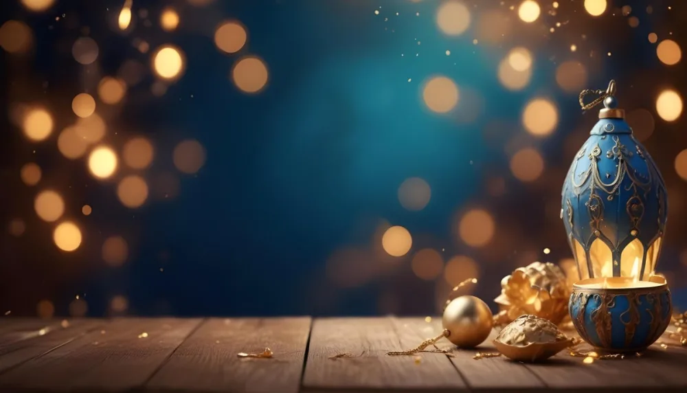 Digital Painting Golden Decorative Objects On A Wooden Surface With A Blurred Background Of Blue And Golden Bokeh Lights Creating A Festive And Elegant Atmosphere Bold And Slim Lines Brush Strokes 31 9e82