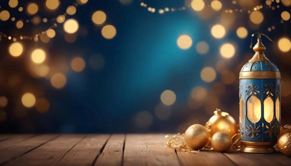 Digital Painting Golden Decorative Objects On A Wooden Surface With A Blurred Background Of Blue And Golden Bokeh Lights Creating A Festive And Elegant Atmosphere Bold And Slim Lines Brush Strokes 32 C4d0