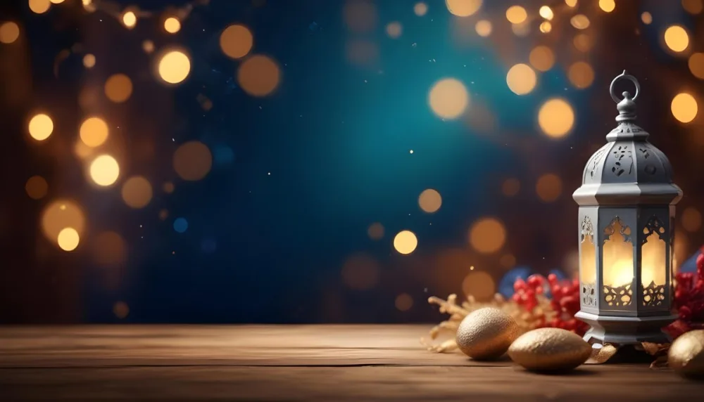 Digital Painting Golden Decorative Objects On A Wooden Surface With A Blurred Background Of Blue And Golden Bokeh Lights Creating A Festive And Elegant Atmosphere Bold And Slim Lines Brush Strokes 33 6b4a