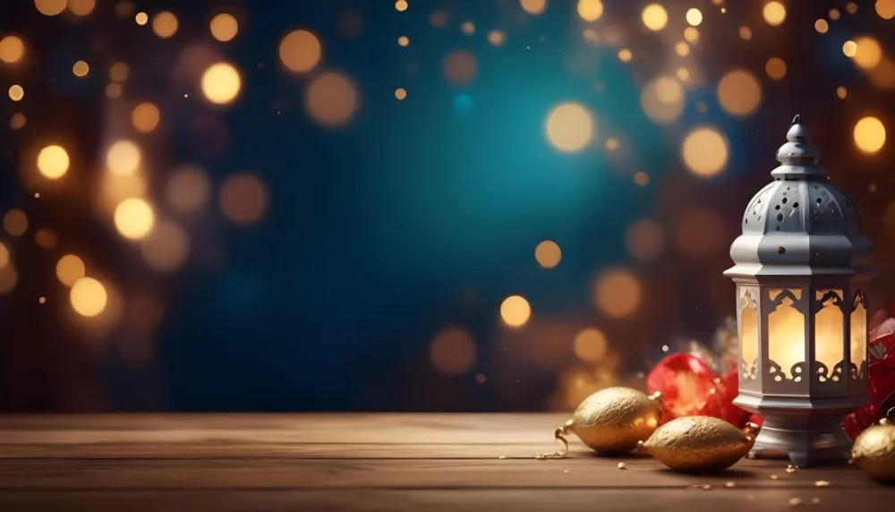 Digital Painting Golden Decorative Objects On A Wooden Surface With A Blurred Background Of Blue And Golden Bokeh Lights Creating A Festive And Elegant Atmosphere Bold And Slim Lines Brush Strokes 35 35a2