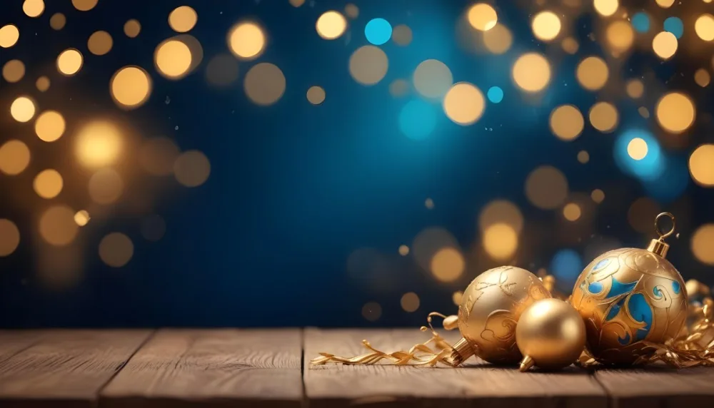 Digital Painting Golden Decorative Objects On A Wooden Surface With A Blurred Background Of Blue And Golden Bokeh Lights Creating A Festive And Elegant Atmosphere Bold And Slim Lines Brush Strokes 4 6588