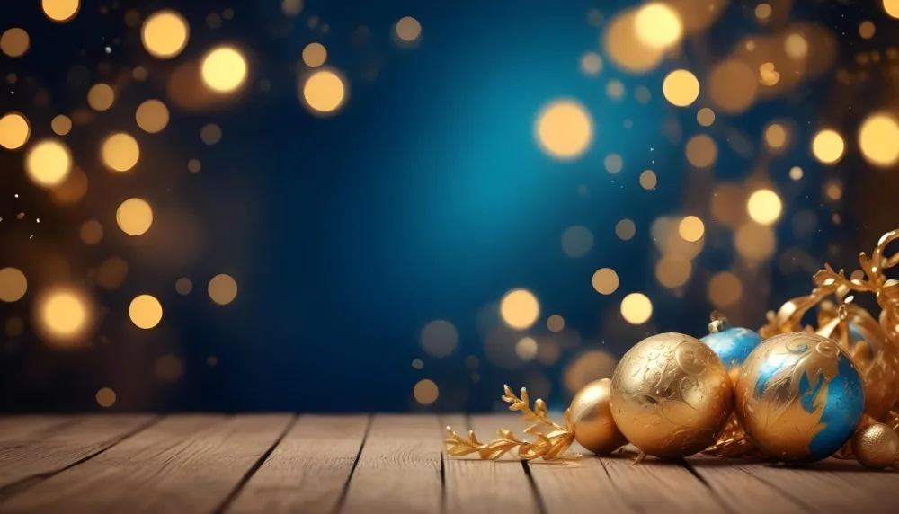 Digital Painting Golden Decorative Objects On A Wooden Surface With A Blurred Background Of Blue And Golden Bokeh Lights Creating A Festive And Elegant Atmosphere Bold And Slim Lines Brush Strokes 5 6893